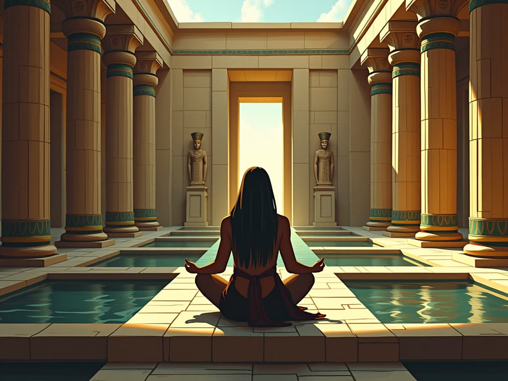  a solitary figure meditating in an ancient egyptian temple, surrounded by serene artifacts, reflection pools, symbolizing deliberate step towards inner potential. the style is digital art illustration / modern comic book / mysterious occult, symbolic, esoteric vibe,high detail on character design, incorporating ancient egyptian symbology and attire.