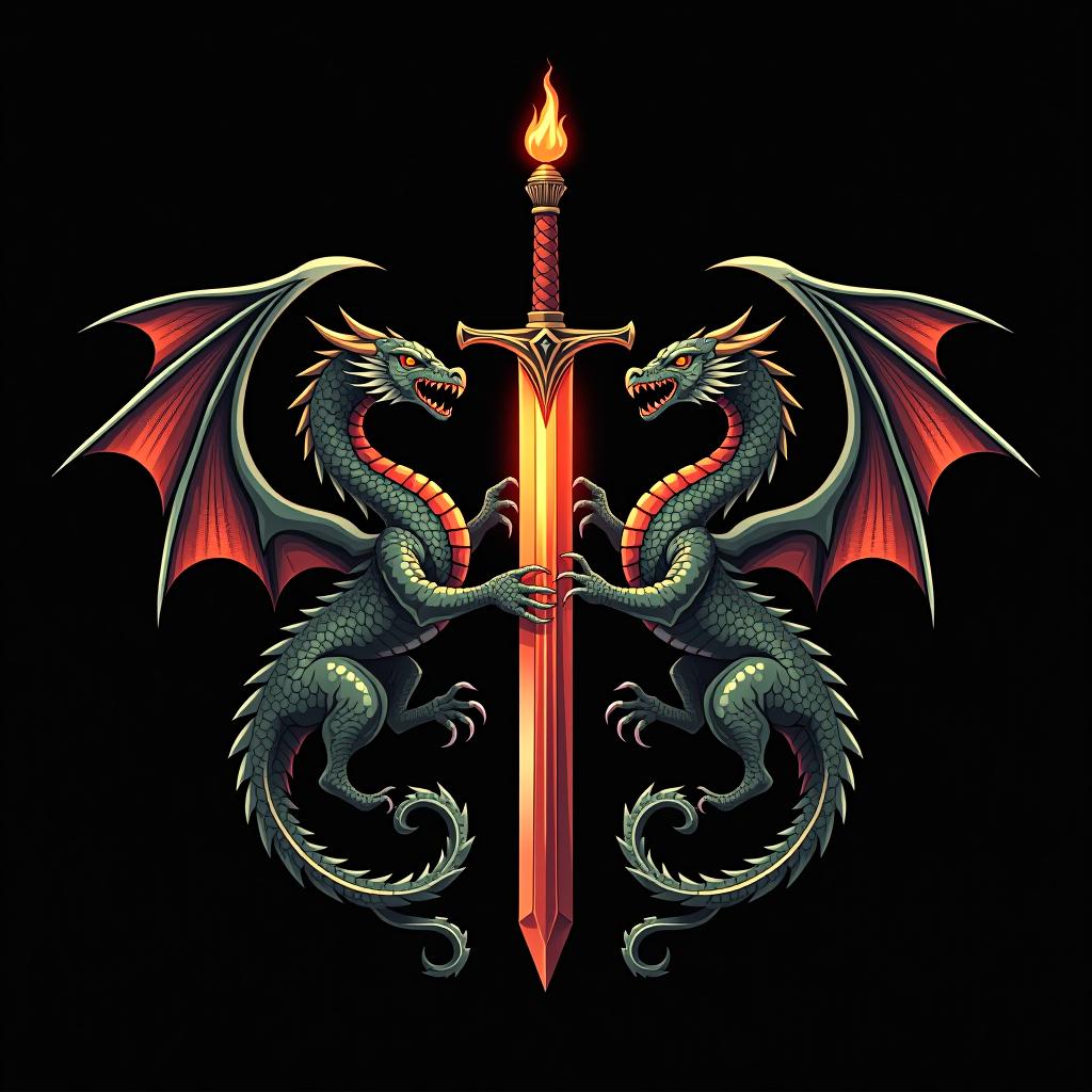  logo, custom sticker design on an isolated black background decorated by mythical dragons and a flaming sword