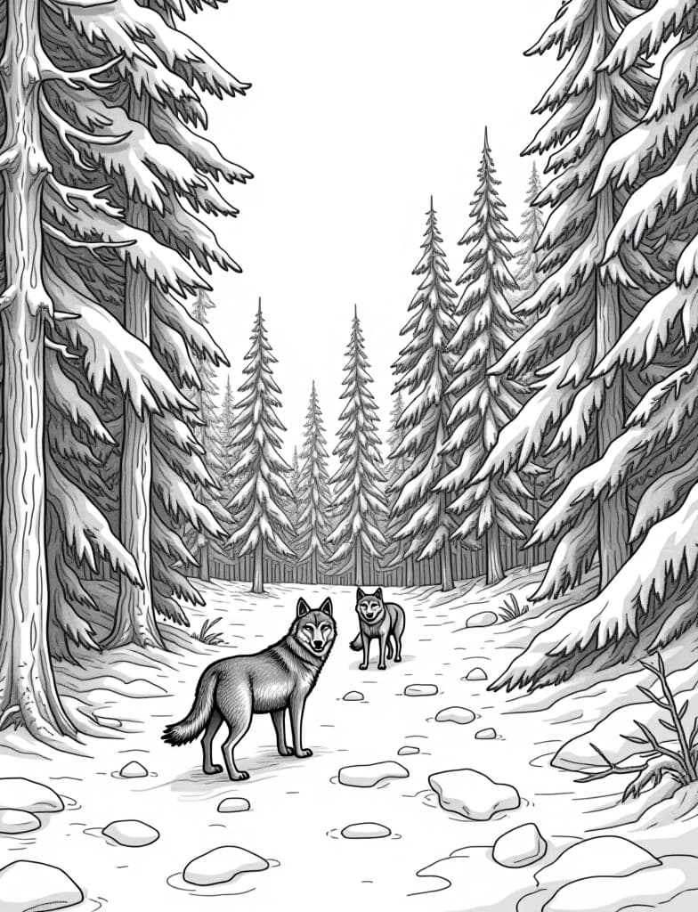  this is for an adult coloring page. a detailed black and white line art of a snowy snowy forest with a group of wolves standing at the edge on a solid white background.