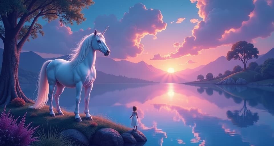  a radiant unicorn standing at the edge of a glowing, mystical lake under a twilight sky. ethereal beings in the background, their expressions varying from awe to bewilderment, symbolizing the unbothered stance of those who live in divine alignment.. the style is digital art illustration,highly detailed, whimsical,magical, dreamlike atmosphere, realism and fantasy blend, smooth, glossy textures,luminous quality, wonder and enchantment.