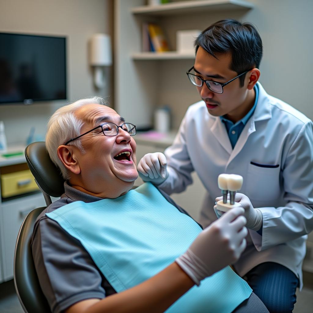  the elderly man is sitting in the dental chair, and the chinese dentist is showing him dental implants.