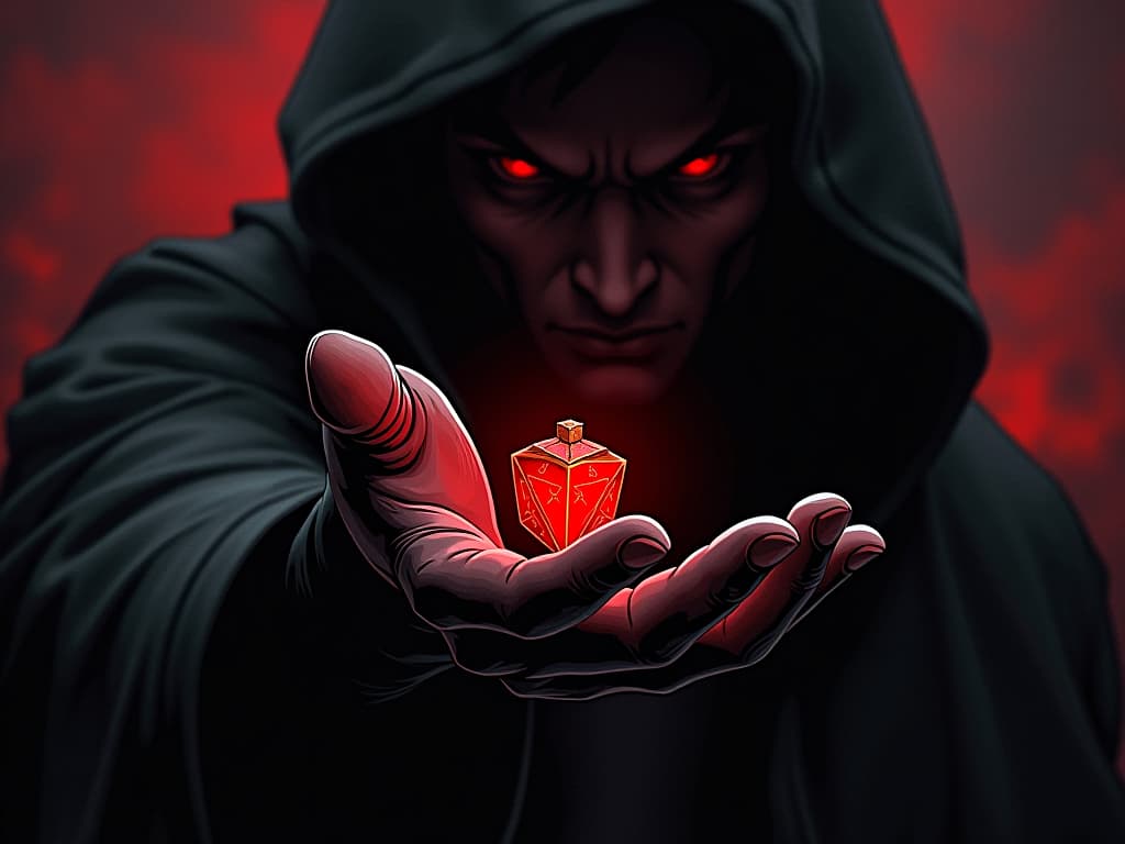  small red trinket, held in a shaking hand, symbol of unease. the style is digital art illustration / modern comic book / graphic dark novel fantasy and mysterious occult, symbolic, moody lighting, esoteric vibe,high detail on character design. for the color scheme emphasize blacks and reds.