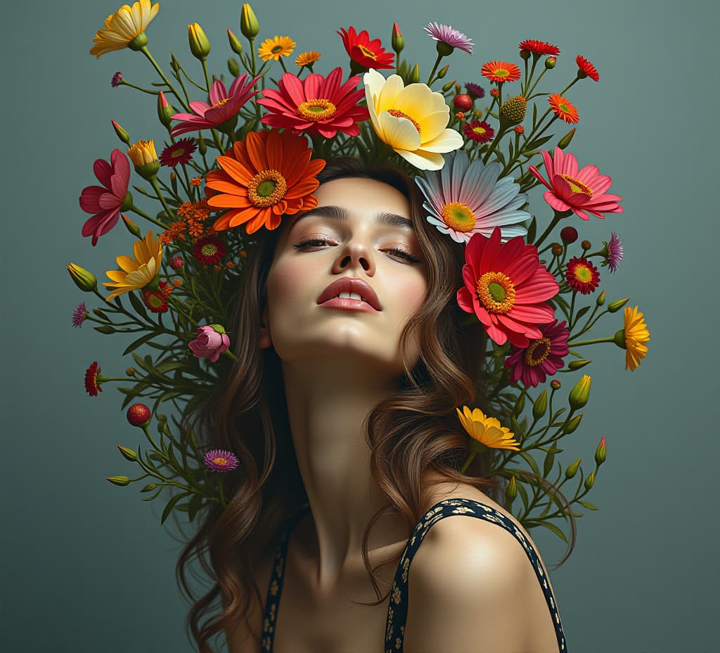  surreal portrait of person entwined with vibrant flowers