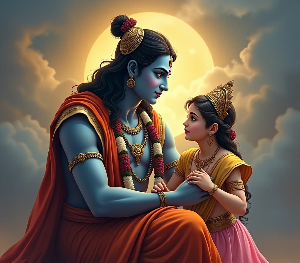  lord krishna with girl in modern world, masterpiece background