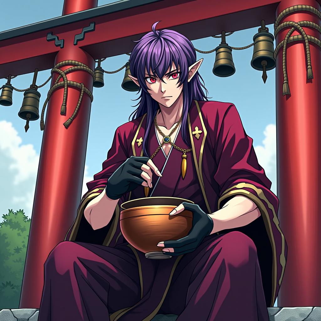  manga style ringo sits on the upper beam of the high red gate theories on which thin ropes hang bells in front of the shinto temple in his left hand at ringo's wide bowl of sake to the edges filled with alcohol ringo pirate wears short tight black gloves with metal claws on his fingers and is depicted in full growth a young mature dark male elf with marble white skin, purple scarlet hair, ringo wears a disheveled hairstyle of long hair to the shoulders, pointed ear tips, lavender red eyes, wears a burgundy shirt with gold embroidery on ringo, in addition, he wears a purple short jacket that fits the waist, made of a red skin with a silver skin in the right ribbonnet, also in a silver lining skin. ringo wears a gold chain with a medium si