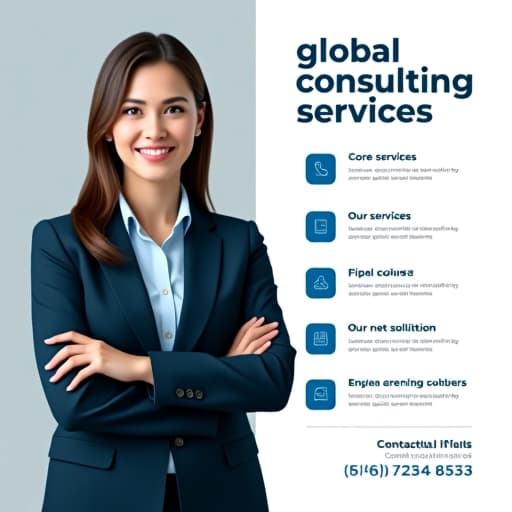  create a professional consulting services graphic with the following elements: layout: split into two sections: left side with a businesswoman holding a pen and right side listing services. headline: 'global consulting services' in large, bold, dark blue montserrat bold font. core services: list 5 services with icons in a vertical arrangement on the right. use a blue color scheme with white boxes and light shadows. contact info: at the bottom right, include a phone number and website with matching icons. color palette: dark blue (#2c3e50), light blue (#5dade2), white (#ffffff). background: light gray or soft white with subtle curved blue accents in the corners. hyperrealistic, full body, detailed clothing, highly detailed, cinematic lighting, stunningly beautiful, intricate, sharp focus, f/1. 8, 85mm, (centered image composition), (professionally color graded), ((bright soft diffused light)), volumetric fog, trending on instagram, trending on tumblr, HDR 4K, 8K