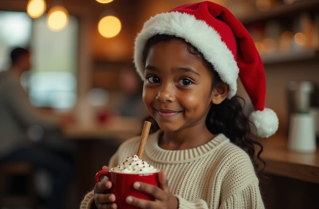  black girl in santa hat in beige sweater with new year's ornament stands with cocoa stick in hands in coffee shop, auyeshmu ifslpkshgtv ar 3:2, (natural skin texture), highly detailed face, depth of field, hyperrealism, soft light, muted colors