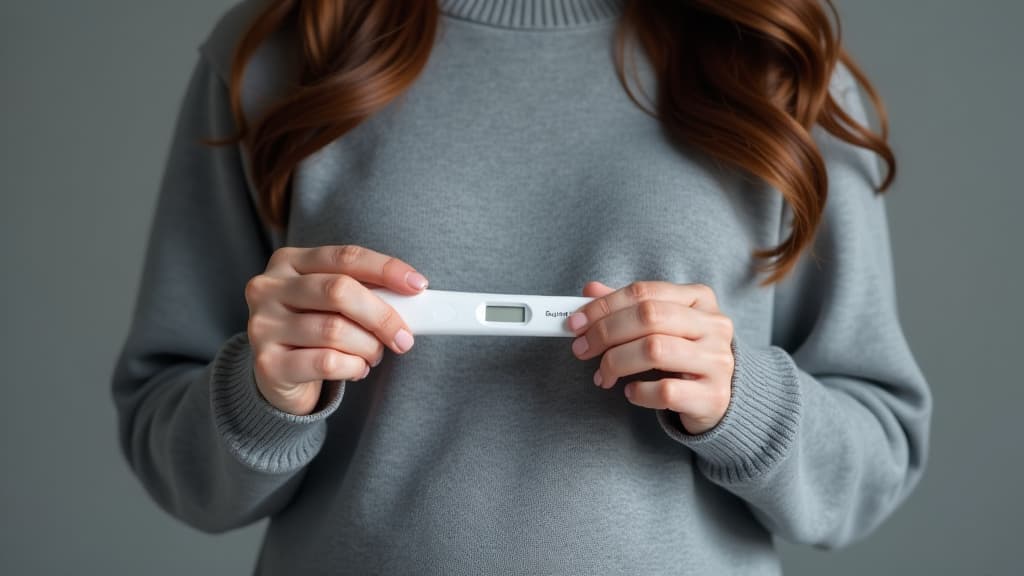  brunette girl in a gray wool sweater, holding a pregnancy test at stomach level. girl's face is not visible ar 16:9 {prompt}, maximum details