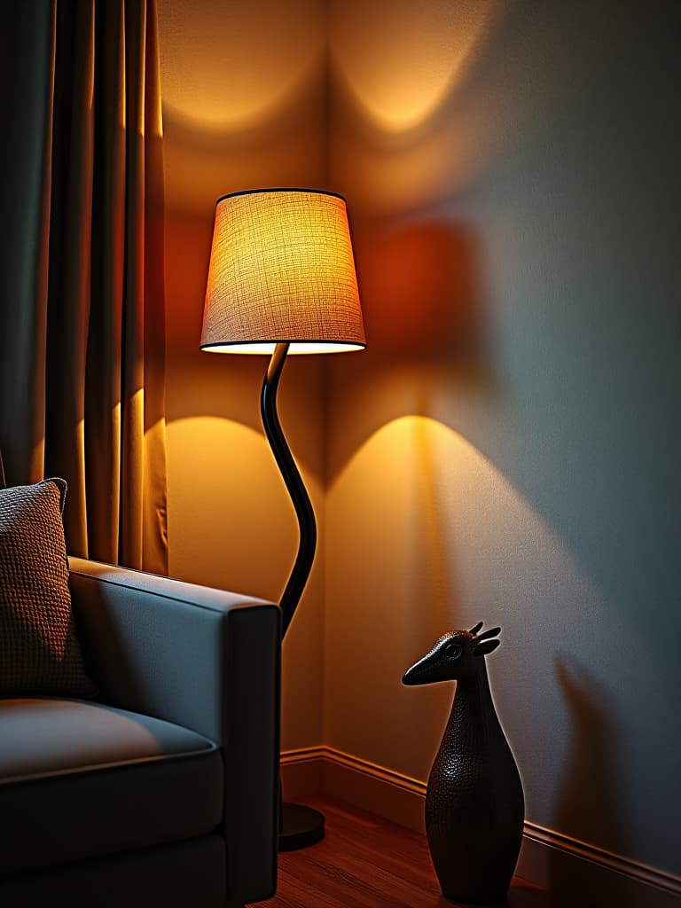  high quality portrait photo of a cozy living room corner featuring a unique, sculptural floor lamp casting intricate shadows on textured walls, viewed from a low angle hyperrealistic, full body, detailed clothing, highly detailed, cinematic lighting, stunningly beautiful, intricate, sharp focus, f/1. 8, 85mm, (centered image composition), (professionally color graded), ((bright soft diffused light)), volumetric fog, trending on instagram, trending on tumblr, HDR 4K, 8K