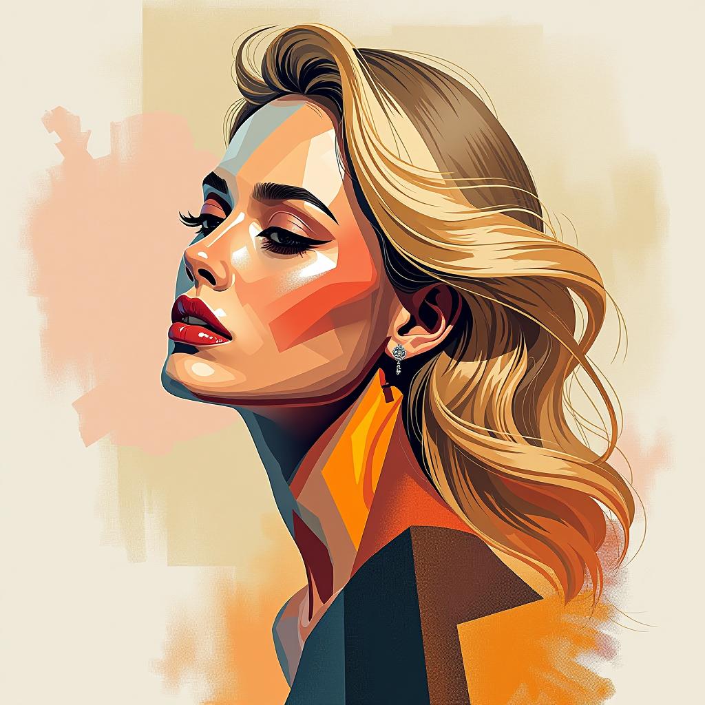  a stunning, modern art depiction of a blonde woman with soft, flowing hair, her beauty captured in abstract geometric shapes and bold, vibrant colors. her features are delicately outlined with intricate patterns, blending realism with artistic expression. the background is a minimalist blend of soft pastels and textured brushstrokes, emphasizing her graceful silhouette and serene expression. the overall composition exudes elegance and sophistication, celebrating both her beauty and the creativity of modern art.