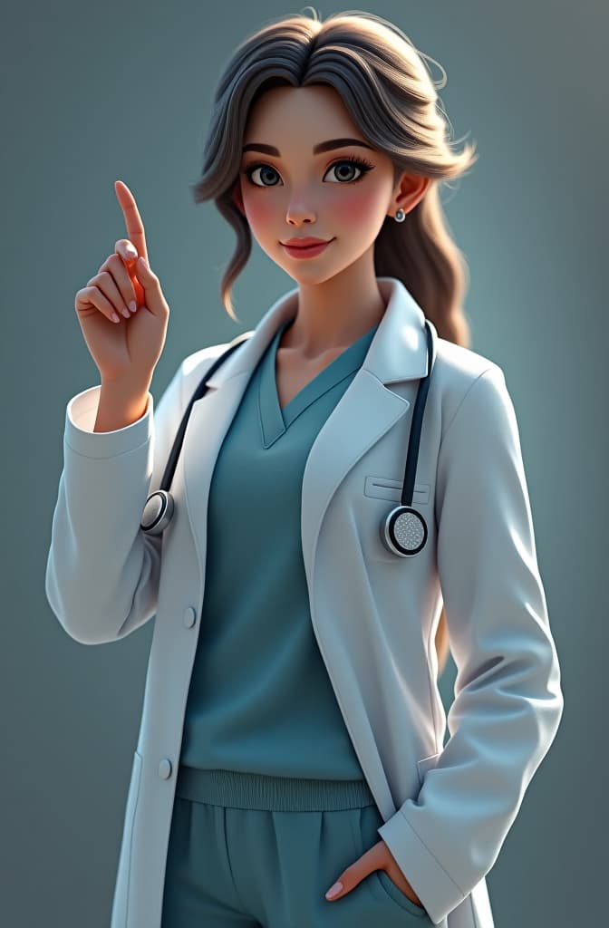  create a full body 3d hybrid character of a female doctor with elements of realism and little caricature. the female doctor should be pointing upwards with one hand, wearing a white lab coat over a professional medical uniform. hyperrealistic, full body, detailed clothing, highly detailed, cinematic lighting, stunningly beautiful, intricate, sharp focus, f/1. 8, 85mm, (centered image composition), (professionally color graded), ((bright soft diffused light)), volumetric fog, trending on instagram, trending on tumblr, HDR 4K, 8K