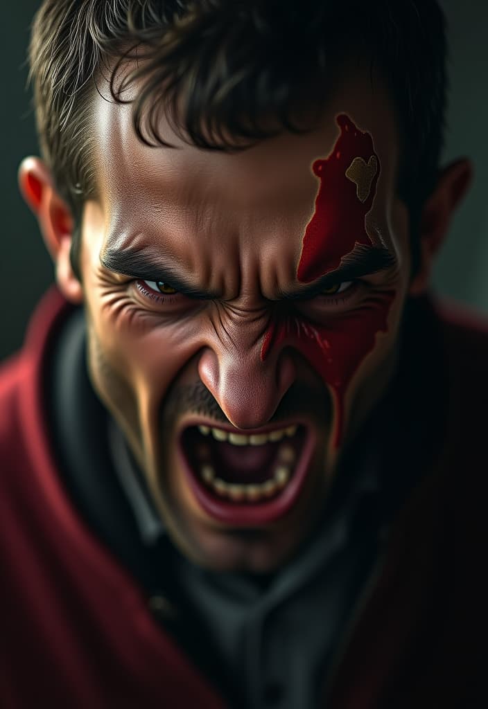  emotion of anger on the face hyperrealistic, full body, detailed clothing, highly detailed, cinematic lighting, stunningly beautiful, intricate, sharp focus, f/1. 8, 85mm, (centered image composition), (professionally color graded), ((bright soft diffused light)), volumetric fog, trending on instagram, trending on tumblr, HDR 4K, 8K