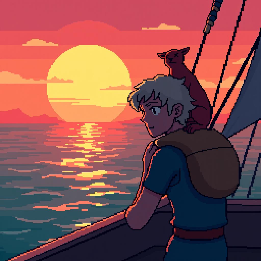  (((pixel art:10))), (high quality), finn is deep in thought, with a determined expression. the sun begins to set, casting an orange and pink glow over the water. salty sits proudly on his shoulder, echoing finn’s ambitions. the ship sails smoothly forward, heading toward the magical unknown.