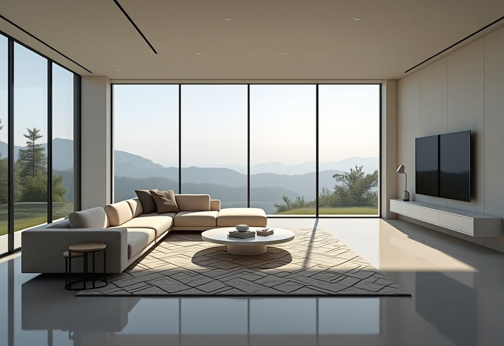  a landscape photo of an airy living room with floor to ceiling windows, featuring a low profile sectional sofa, geometric patterned rug, and minimalist wall mounted tv unit, viewed from a panoramic perspective hyperrealistic, full body, detailed clothing, highly detailed, cinematic lighting, stunningly beautiful, intricate, sharp focus, f/1. 8, 85mm, (centered image composition), (professionally color graded), ((bright soft diffused light)), volumetric fog, trending on instagram, trending on tumblr, HDR 4K, 8K