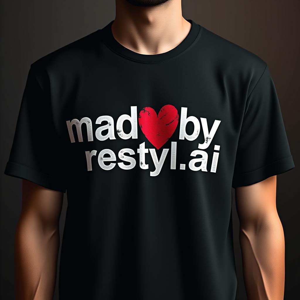  black t shirt with white distressed font reading made by followed by a red heart symbol, then restyl.ai in crisp white letters. font for made by is casual and slightly italicized, whereas restyl.ai is in a bold, sans serif font, all centered on chest.  hyperrealistic, full body, detailed clothing, highly detailed, cinematic lighting, stunningly beautiful, intricate, sharp focus, f/1. 8, 85mm, (centered image composition), (professionally color graded), ((bright soft diffused light)), volumetric fog, trending on instagram, trending on tumblr, HDR 4K, 8K