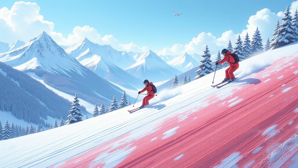  prompt: create an ultra realistic and detailed image of a ski slope divided into blue, red, and black sections, each showcasing the distinct characteristics of difficulty levels. in the foreground, depict a beginner skier gracefully gliding down the gentle blue slope, exuding a sense of relaxation and learning. in the middle ground, capture an intermediate skier navigating the challenging red slope with precise control and excitement evident in their body language. finally, in the background, il