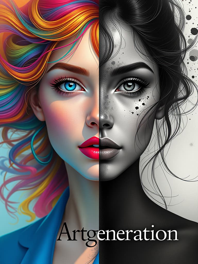  (masterpiece, diptych art:1.4), split in half, (left side:1.2) vibrant and colorful woman’s face, photorealistic details, (radiant blue eyes:1.2), (lush red lips:1.2), flowing multicolored hair, bright surreal background with swirling patterns, (right side:1.3) monochromatic woman’s face, abstract painting style, dark ink splatters, (sharp contrast:1.2), (deep shadows:1.2), ethereal expression, blending into the background, bottom center text “artgeneration” (in bold capital letters, gothic font calligraphy:1.1), intricate details, surrealism art, captivating juxtaposition, dynamic composition, striking visual impact. hyperrealistic, full body, detailed clothing, highly detailed, cinematic lighting, stunningly beautiful, intricate, sharp focus, f/1. 8, 85mm, (centered image composition), (professionally color graded), ((bright soft diffused light)), volumetric fog, trending on instagram, trending on tumblr, HDR 4K, 8K