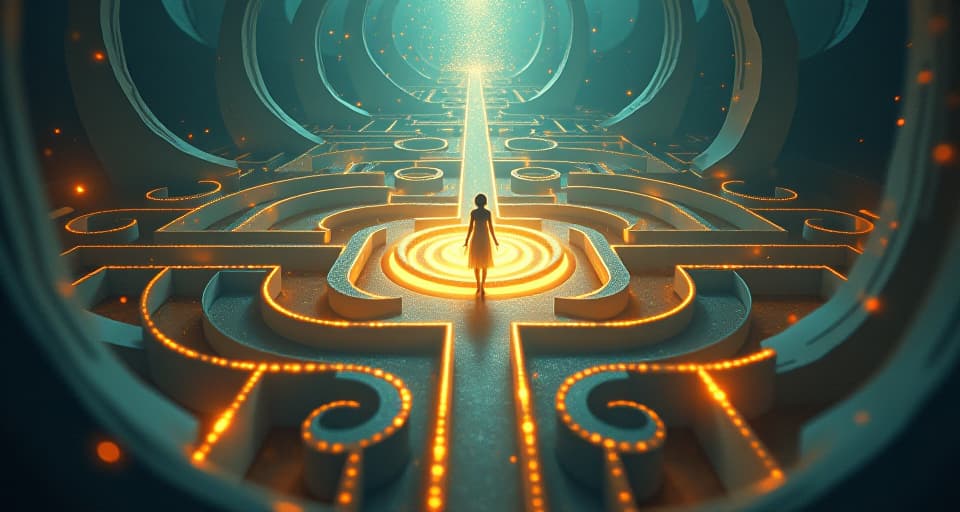  an intricate maze made of shimmering light, with an ethereal figure confidently navigating through. mystical symbols and ancient runes hover in the air, adding to the enigmatic setting.. the style is digital art illustration,highly detailed, whimsical,magical, dreamlike atmosphere, realism and fantasy blend, smooth, glossy textures,luminous quality, wonder and enchantment.