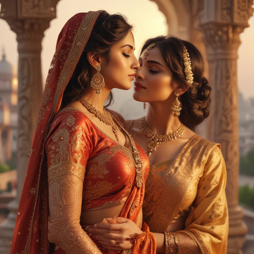 ((masterpiece)),(((best quality))), 8k, high detailed, ultra detailed, exotic Indian woman kiss, flowing silk fabrics, intricate mehndi designs, jasmine flowers in hair, romantic sunset setting hyperrealistic, full body, detailed clothing, highly detailed, cinematic lighting, stunningly beautiful, intricate, sharp focus, f/1. 8, 85mm, (centered image composition), (professionally color graded), ((bright soft diffused light)), volumetric fog, trending on instagram, trending on tumblr, HDR 4K, 8K