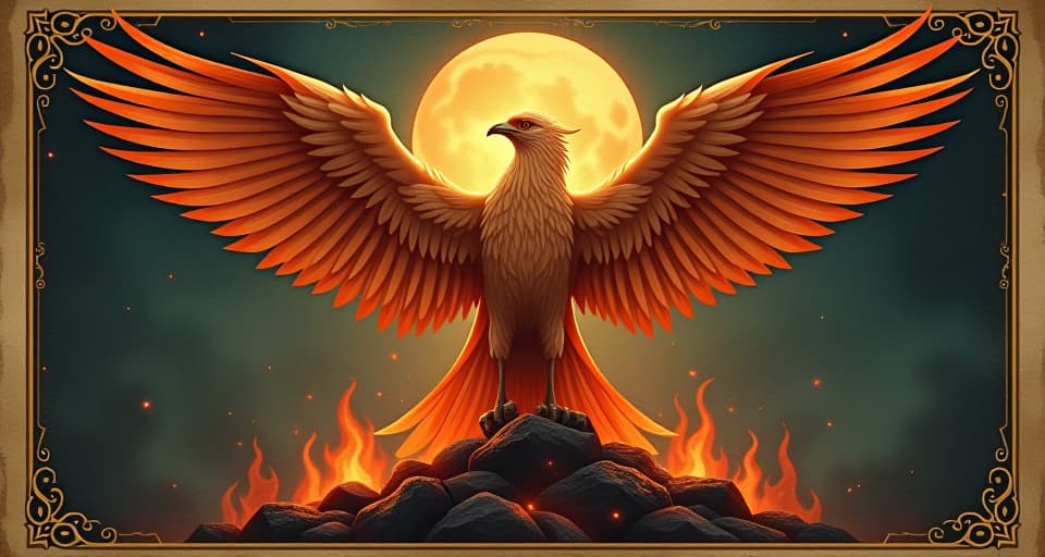  a majestic phoenix rising from the ashes, wings outstretched, glowing feathers casting a resplendent light. an illustration in the style of a worn, mystical old tarot trump card, mysterious and elements of surrealism. the colors are muted, somber and eerie, but with contrast bring out an occult and esoteric vibe.