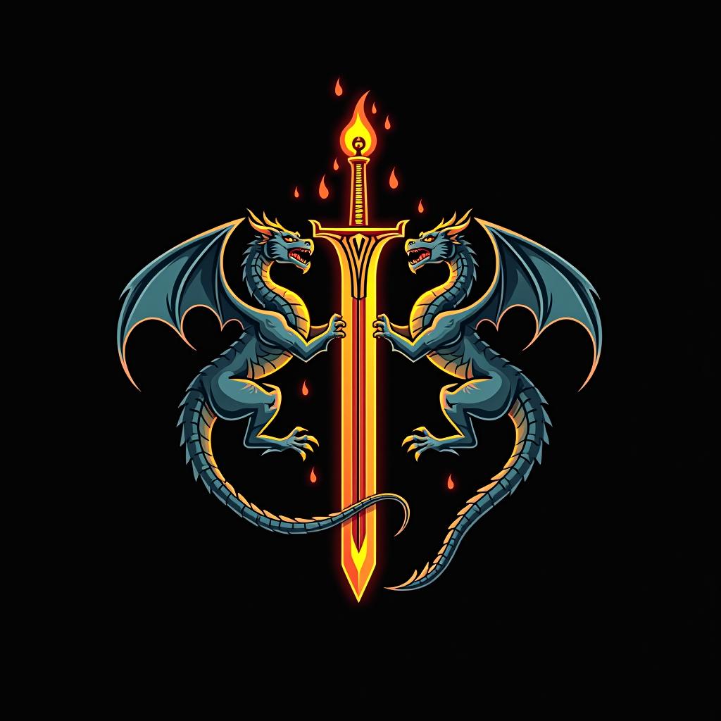  design a logo, custom sticker design on an isolated black background decorated by mythical dragons and a flaming sword