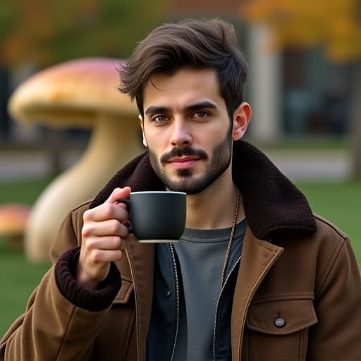  photo of a handosome balkan young man having a coffee outside with a gian mushroom at the background