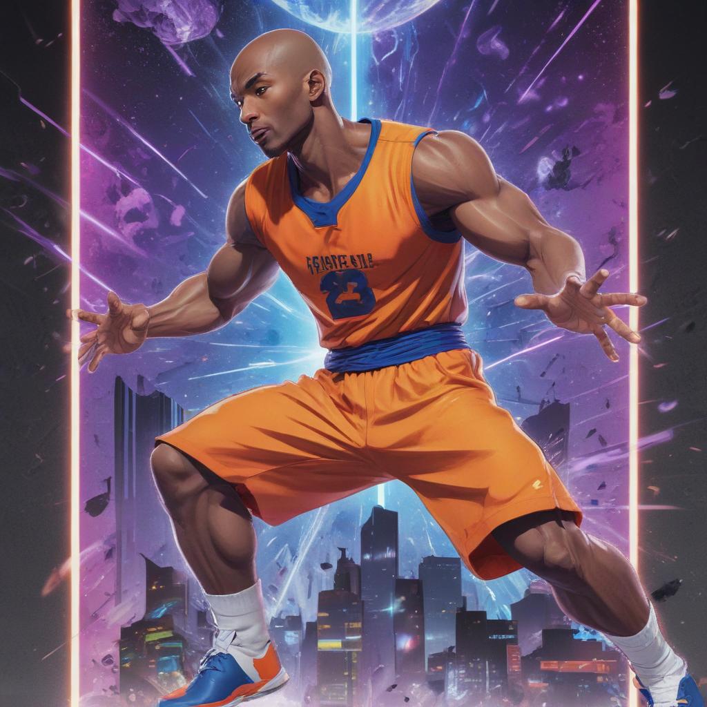 distance-shot, flashy, full-body, dynamic, holographic, animated cartoon poster of kobe scene in the style of dragon ball super