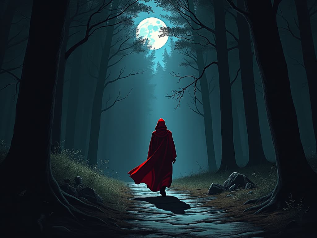  figure in red robes, walking along a dark forest path, patches of moonlight filtering through, aura of challenge and resilience. the style is digital art illustration / modern comic book / graphic dark novel fantasy and mysterious occult, symbolic, moody lighting, esoteric vibe,high detail on character design. for the color scheme emphasize blacks and reds.