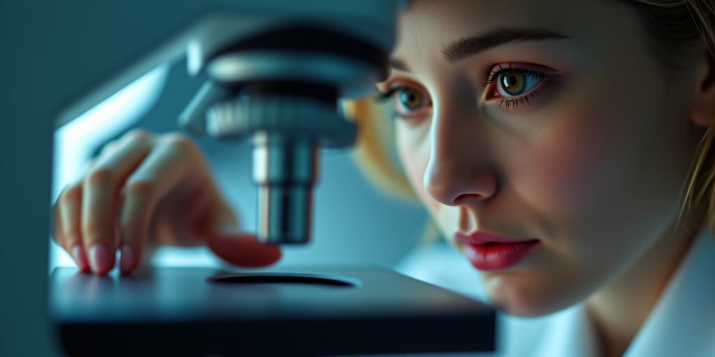  a close up image of a cell under a microscope, with its nucleus pulsing and chromosomes in disarray. dr. petrova, her face etched with concern, adjusts the microscope dials, her reflection visible in the lens. hyperrealistic, full body, detailed clothing, highly detailed, cinematic lighting, stunningly beautiful, intricate, sharp focus, f/1. 8, 85mm, (centered image composition), (professionally color graded), ((bright soft diffused light)), volumetric fog, trending on instagram, trending on tumblr, HDR 4K, 8K