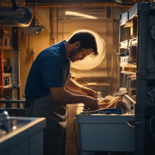 A photo of a skilled technician working diligently on fixing a malfunctioning washing machine in a cluttered but organized repair shop in the late afternoon light that beautifully illuminates the tools and machinery around.