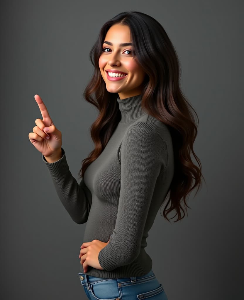  hyperrealistic art a pretty smiling man, waist high, points with her hand to the side to a place to copy from the side, at waist level, on a gray background . extremely high resolution details, photographic, realism pushed to extreme, fine texture, incredibly lifelike