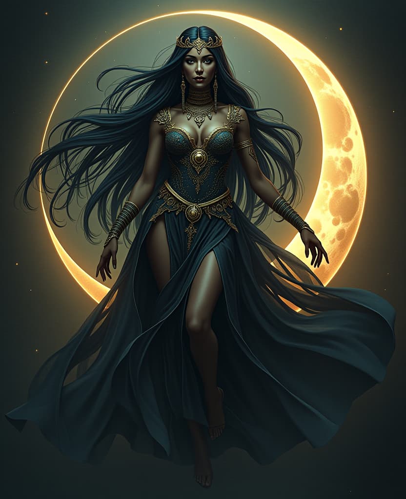  a mystical and enchanting figure is portrayed against a backdrop of a large, glowing crescent moon, surrounded by a scattering of stars. the woman is dressed in a dark, intricate ensemble that combines elements of ancient mythology and celestial mysticism. her outfit is adorned with golden accents and ornate jewelry, giving her the appearance of a celestial goddess or sorceress. her skin is smooth and dark, contrasting beautifully with the luminous glow of the moon behind her. her long, flowing black hair swirls around her as if caught in a mystical breeze, adding a dynamic and otherworldly quality to the image. the woman's pose is both graceful and powerful, with one leg raised as if she is ascending or floating in the night sky. her expr