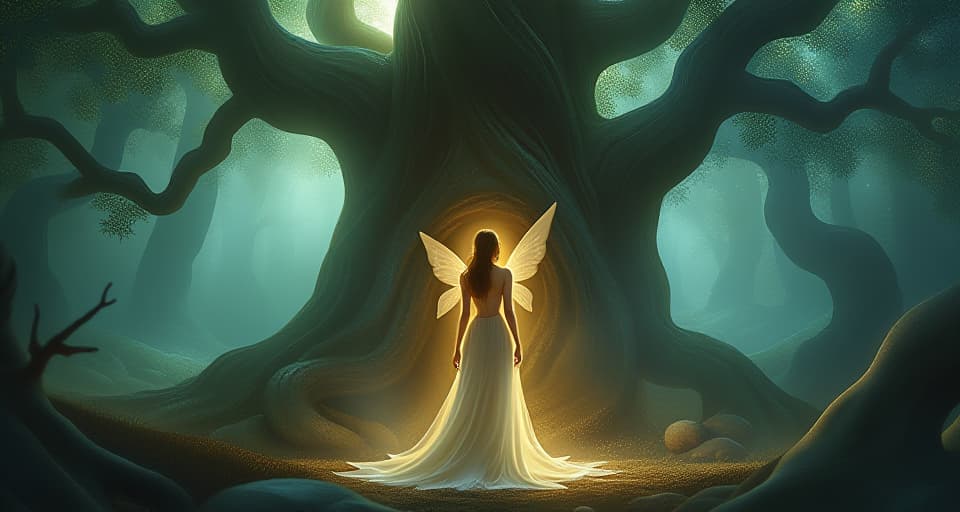  a serene fairy in delicate, glowing attire, standing in front of an ancient, luminous tree. expression of deep contemplation, ethereal forest setting, sense of confronting buried emotions.. the style is digital art illustration,highly detailed, whimsical,magical, dreamlike atmosphere, realism and fantasy blend, smooth, glossy textures,luminous quality, wonder and enchantment.