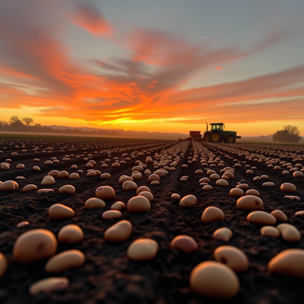  a beautiful sunrise over a potato field with freshly harvested potatoes scattered on rich soil and a tractor in the background.