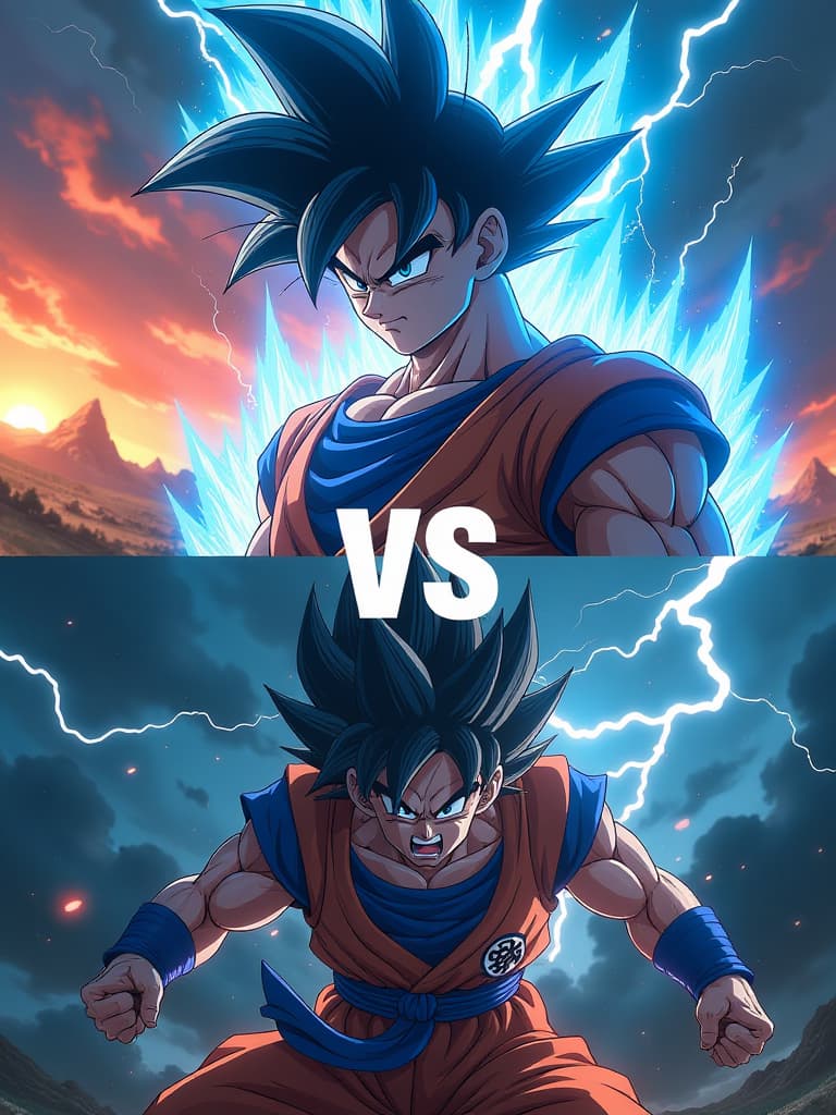  prompt: the image captures a battle between frieza and goku in his super saiyan blue form. the upper half features goku with a fierce gaze and blue energy radiating from him, set against a backdrop of a fiery battlefield. the lower half shows frieza, looking furious and ready to attack, amidst a dark, stormy sky filled with lightning. the word "vs" is displayed boldly in the center, indicating their intense rivalry. hyperrealistic, full body, detailed clothing, highly detailed, cinematic lighting, stunningly beautiful, intricate, sharp focus, f/1. 8, 85mm, (centered image composition), (professionally color graded), ((bright soft diffused light)), volumetric fog, trending on instagram, trending on tumblr, HDR 4K, 8K