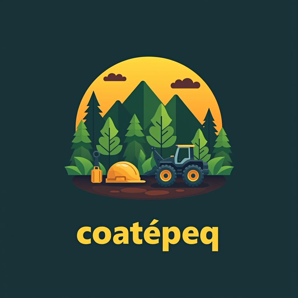  design a logo, construction environment surrounded of nature with the company name at the bottom with construction tools, with the text 'coatepeq'.