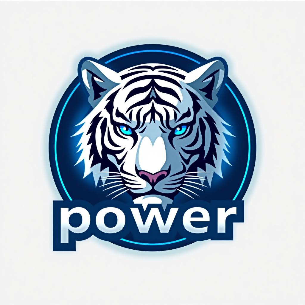  design a logo, a white tiger with blue lighting around it, with the text 'power'.