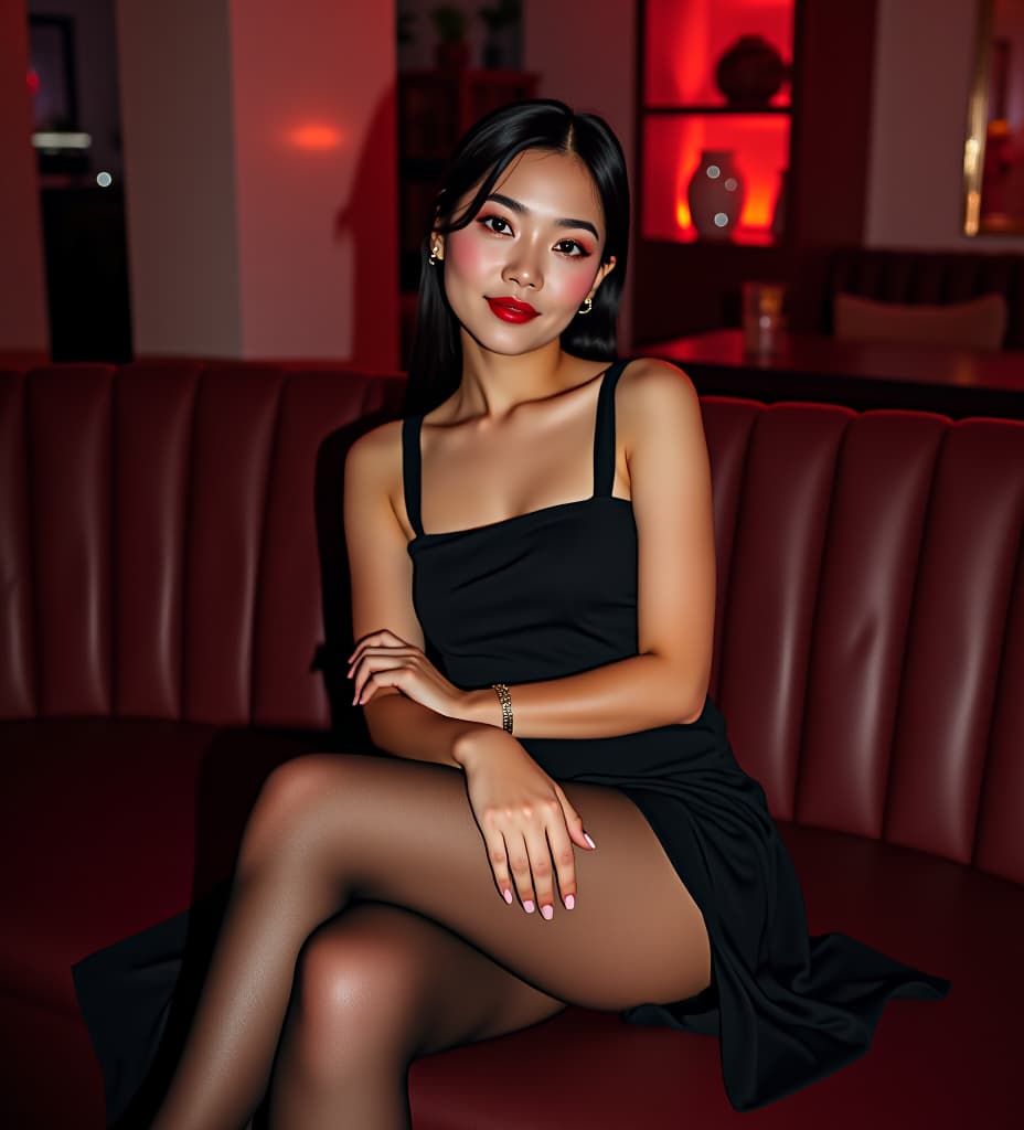  asian woman sitting on a sofa in a party while wearing black wolford tights and a dress