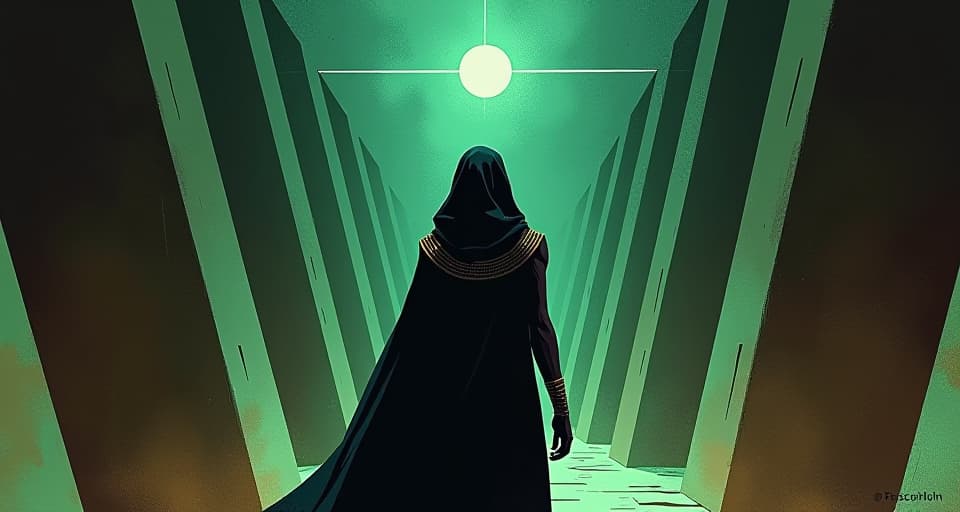  endless corridors, lost voice, swallowed by void, powerless and alone. the style is digital art illustration / modern comic book / mysterious occult, symbolic, esoteric vibe,high detail on character design, incorporating ancient egyptian symbology and attire.