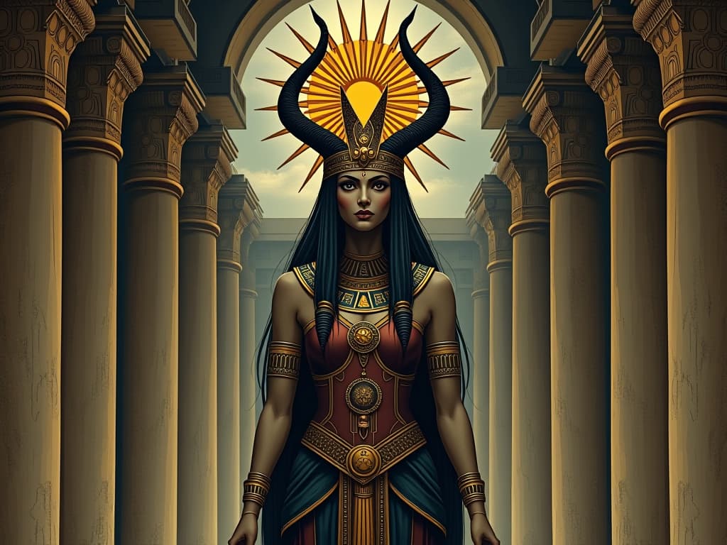  ancient egyptian goddess isis, regal and majestic, elaborate headpiece with solar disc and horns, standing in an ancient temple, mystical, reverent presence. the style is mysterious occult illustration, symbolic, muted contrasting colors, esoteric vibe and notes of goth.