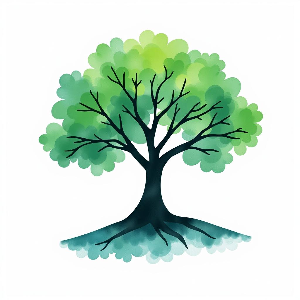  design a logo, watercolor style, logo of a tree, green and blue, white background