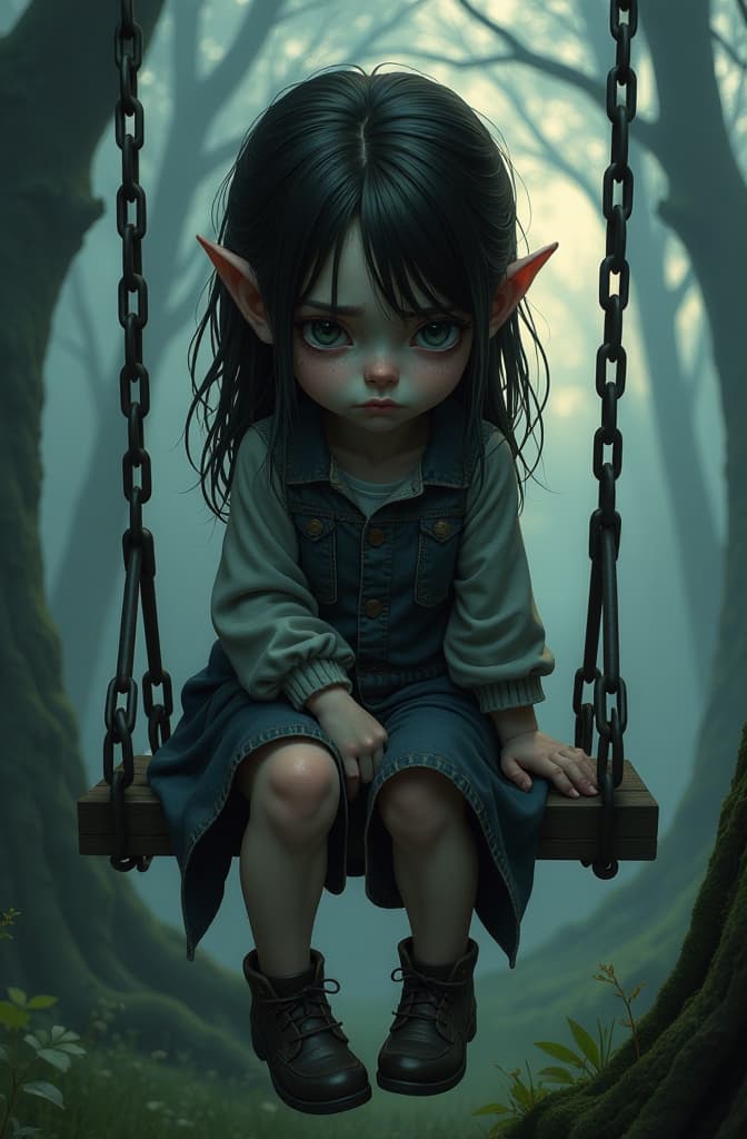  a somber little ork girl sitting on a swing, her expression sullen and brooding, depicted in a detailed, hyperrealistic style reminiscent of a cartoon comic. the scene is rendered in dark, moody tones with dramatic lighting adding depth and emotion. every feature of the girl is intricately portrayed, from the furrowed brow to the delicate strands of hair falling across her face. the overall composition of the image exudes a sense of melancholy and intensity, drawing the viewer in with its haunting realism and emotional impact. this high quality depiction captures the essence of the girl's inner turmoil and adds a layer of depth to her character, making her a compelling subject for exploration and contemplation., realistic, portrait, art by  hyperrealistic, full body, detailed clothing, highly detailed, cinematic lighting, stunningly beautiful, intricate, sharp focus, f/1. 8, 85mm, (centered image composition), (professionally color graded), ((bright soft diffused light)), volumetric fog, trending on instagram, trending on tumblr, HDR 4K, 8K