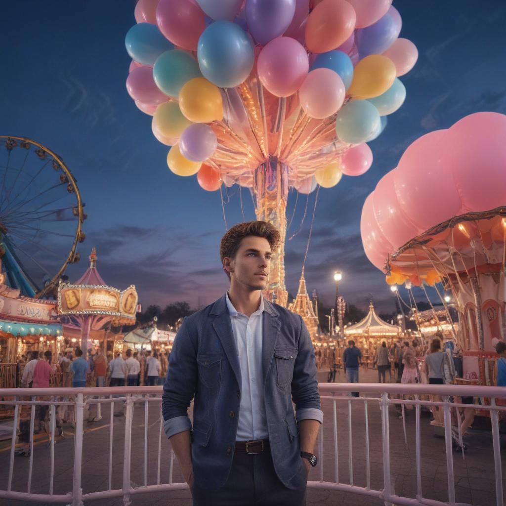 ((masterpiece)),(((best quality))), 8k, high detailed, ultra detailed,A mystical amusement park, towering roller coaster, thrill seekers, (cotton candy vendor), (colorful balloons), (dusk setting in) hyperrealistic, full body, detailed clothing, highly detailed, cinematic lighting, stunningly beautiful, intricate, sharp focus, f/1. 8, 85mm, (centered image composition), (professionally color graded), ((bright soft diffused light)), volumetric fog, trending on instagram, trending on tumblr, HDR 4K, 8K