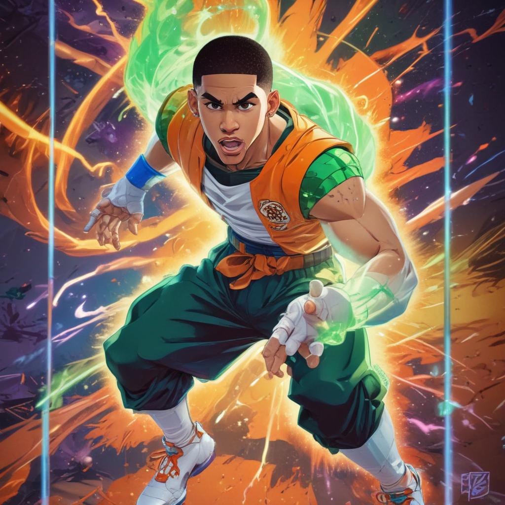 distance-shot, flashy, full-body, dynamic, holographic, animated cartoon poster of jayson tatum in the style of dragon ball super