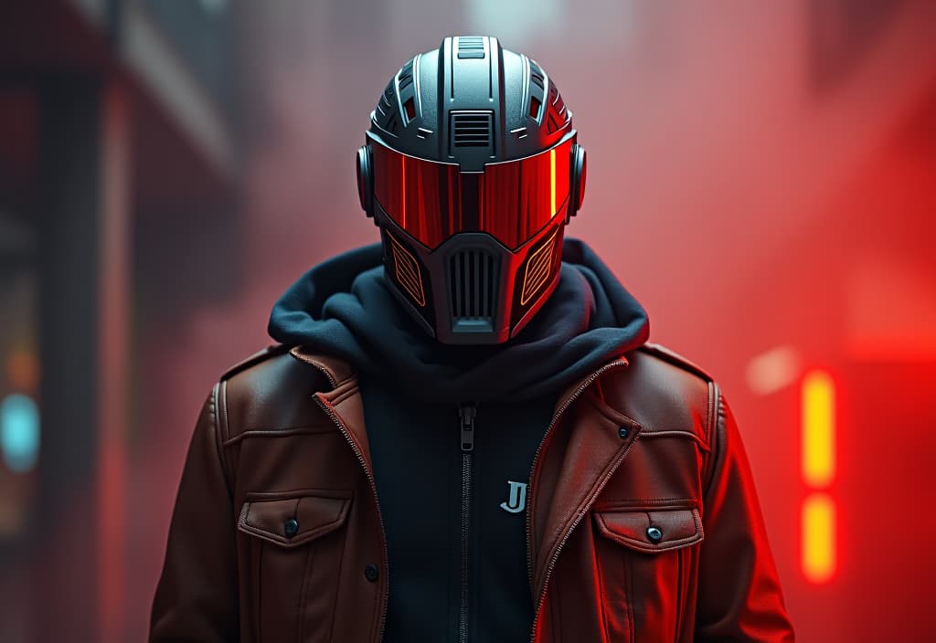  at top of image floating text "i am the art" written with whit letters , judge dredd, a man wearing a helmet and a jacket, hyperrealistic, full body, detailed clothing, highly detailed, cinematic lighting, stunningly beautiful, intricate, sharp focus, f/1. 8, 85mm, (centered image composition), (professionally color graded), ((bright soft diffused light)), volumetric fog, trending on instagram, trending on tumblr, HDR 4K, 8K