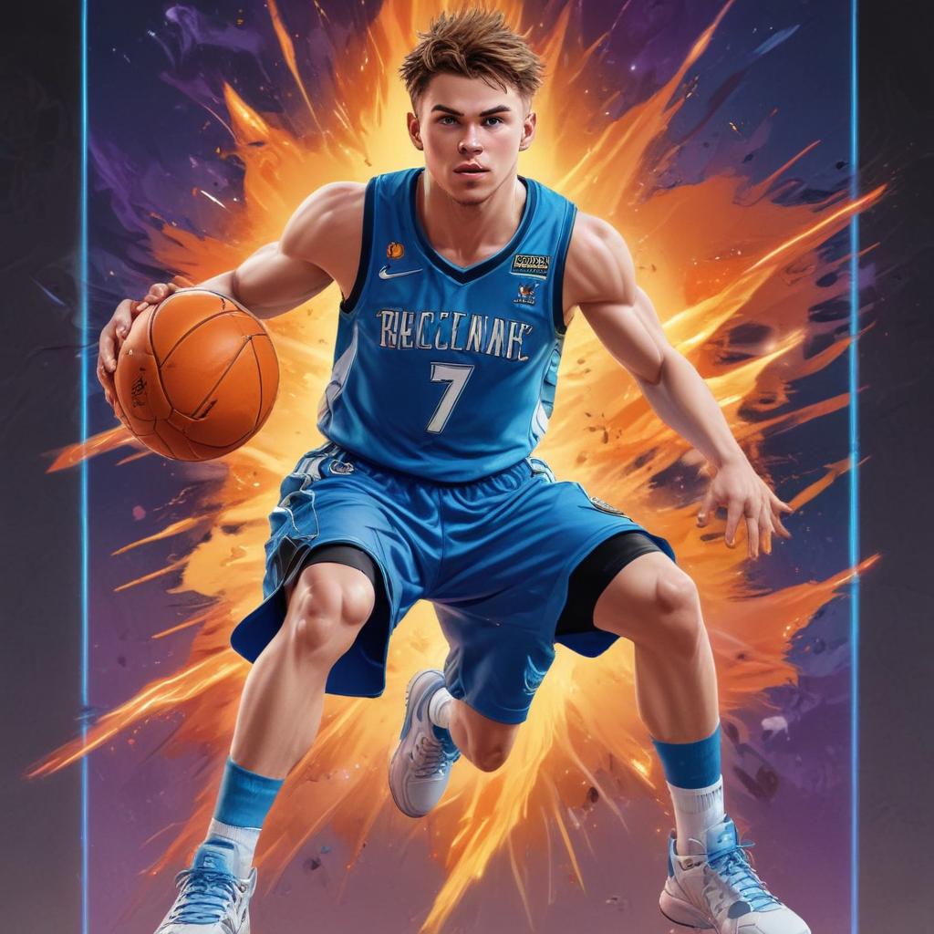 distance-shot, flashy, full-body, dynamic, holographic, animated cartoon poster of luka doncic in the style of dragon ball super