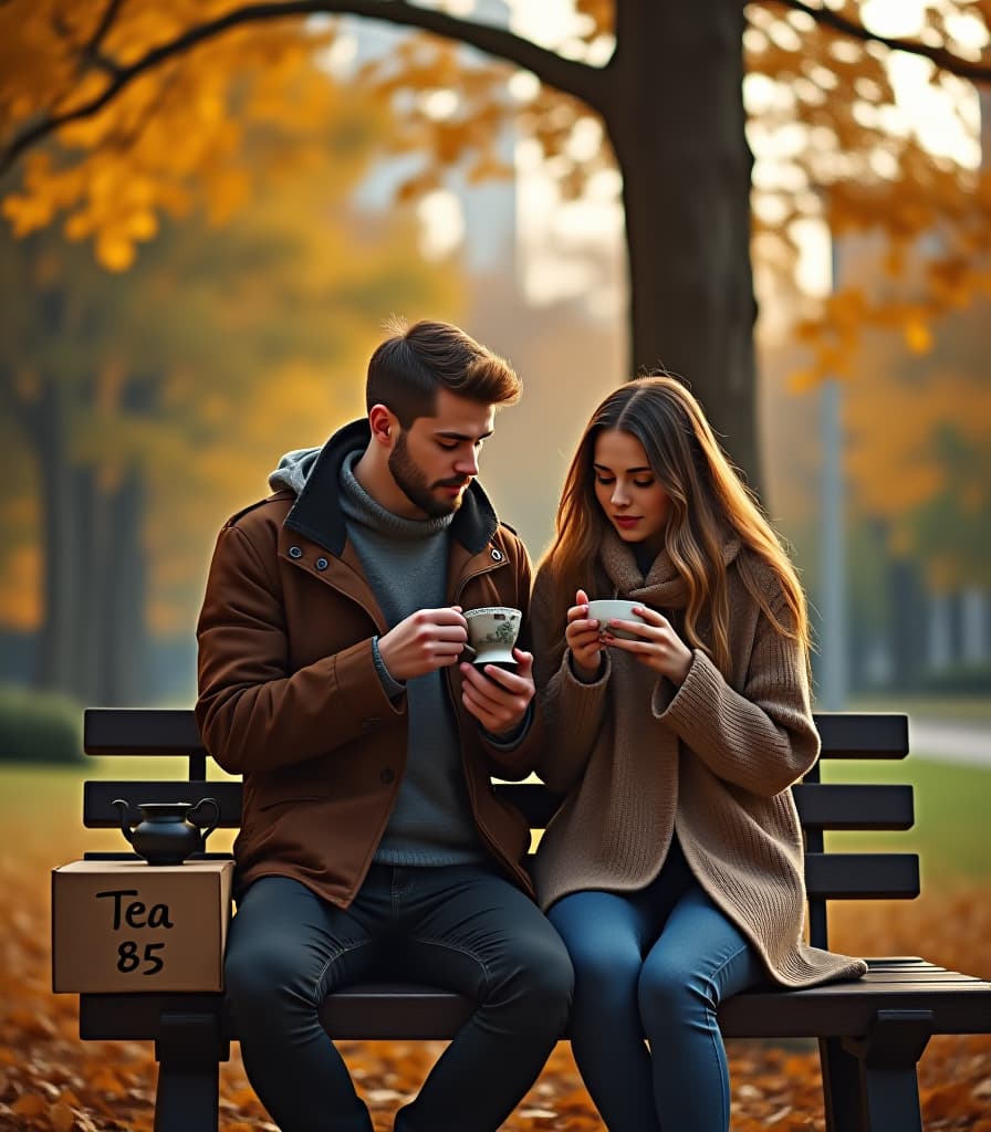  city ​​park, autumn, evening, beautiful russian guy and girl are sitting on a bench in the park, drinking tea from bowls, tea ceremony, to the bench is chinese tea utensils, on the bench is a cardboard small box with an inscription, text on box [drawing text] (with text “tea875"), hyper realistic, 4k