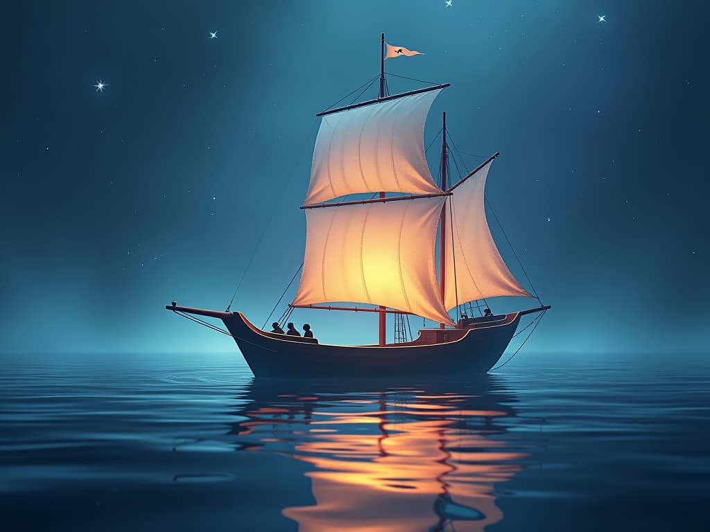  spectral ship with translucent sails, sailing calmly on a peaceful, magical sea, stars reflecting on the water surface. soft glow surrounds the scene, symbolizing a harmonious journey for the soul.. the style is digital art illustration,highly detailed, whimsical,magical, dreamlike atmosphere, realism and fantasy blend, smooth, glossy textures,luminous quality, wonder and enchantment.