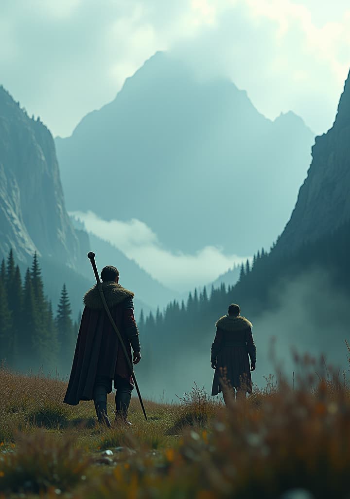  an ancient land with two tribes in constant conflict, surrounded by mountains and forests. hyperrealistic, full body, detailed clothing, highly detailed, cinematic lighting, stunningly beautiful, intricate, sharp focus, f/1. 8, 85mm, (centered image composition), (professionally color graded), ((bright soft diffused light)), volumetric fog, trending on instagram, trending on tumblr, HDR 4K, 8K