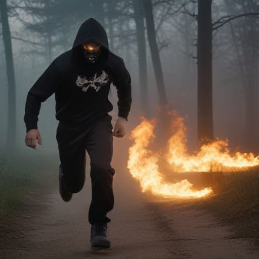 Lonely athletic man wearing a black hoodie and black pants. He is running in the dark but is super fast. He is being chased and is wearing a purge mask with “X” drawn glowing over his eyes on the mask. Flames come from his shoes from the speed and friction which leaves a path of smoke. The bottom right corner of the picture has a rap album warning which notifies the listener of the album that there is explicit language. He seeks loneliness. in Steampunk style with Forests background